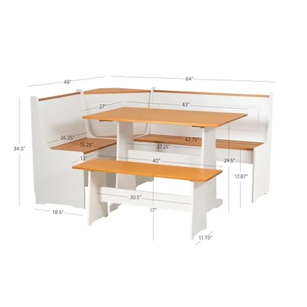 5-Piece Farmhouse White Dining Nook Set Pine Table Bench Corner Unit