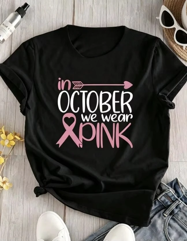 In October We Wear Pink T-shirt Women Breast Cancer Awareness Ribbon Graphic Tee Arrow Message Printed Casual Tops Summer Gifts