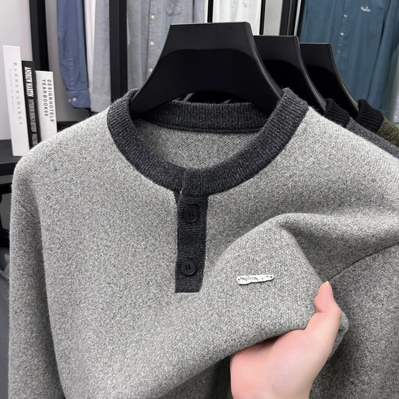 

Мужской свитер с круглым вырезом на пуговицах — серый (зеленый/светло-серый) Премиум-качество ​ ​ Вязаный свитер