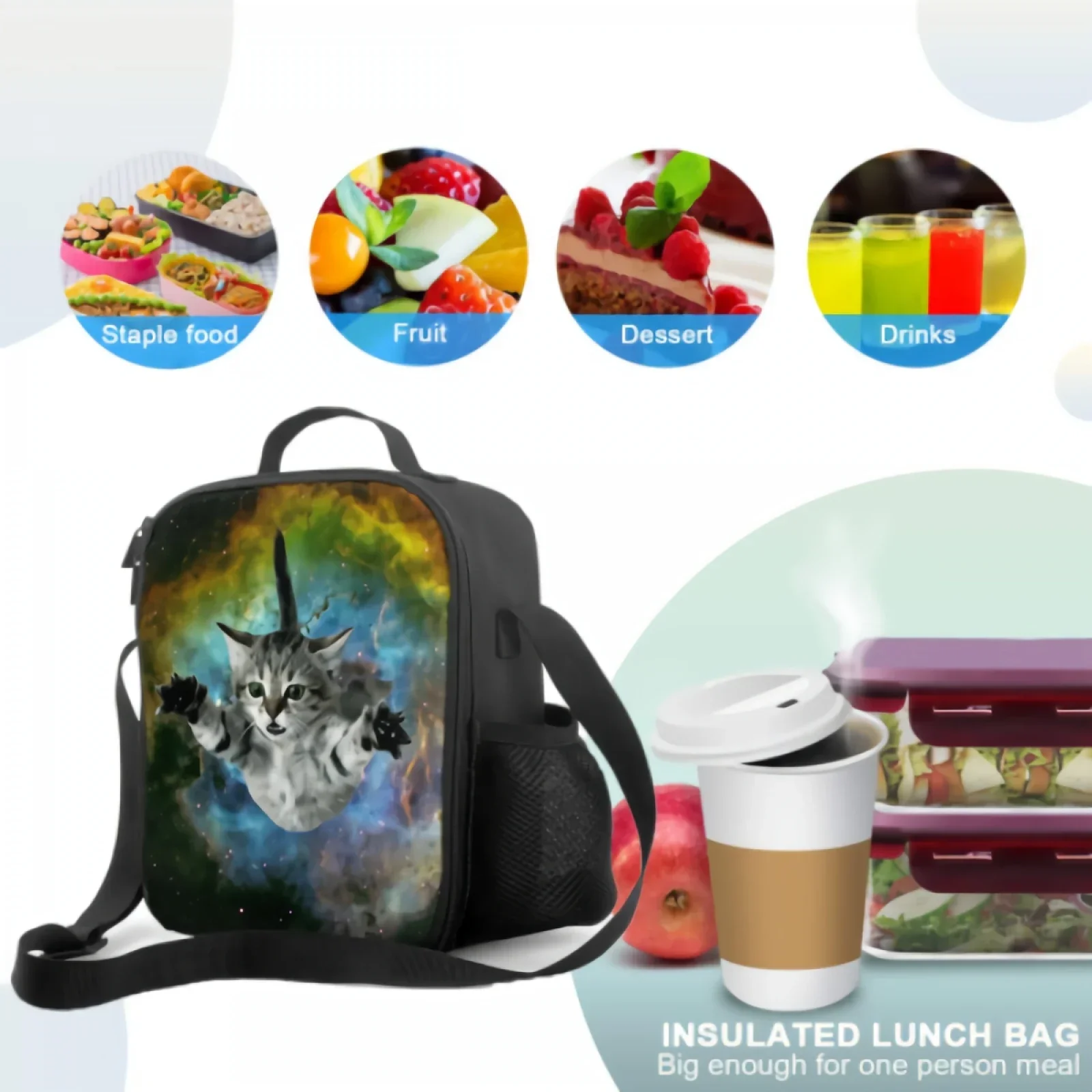 Borsa per il pranzo isolata Cat Galaxy per il lavoro scolastico Picnic Cute Flying Kitten Travel In Space Lunch contenitori borsa termica riutilizzabile