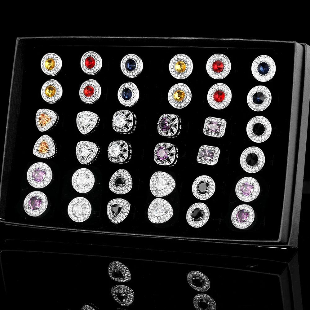 18 Pairs/Set Luxury Full Zircon Crystal Paved Mens Cufflinks With Nice Gift Box Dazzling Groom Formal Business Cuff Button