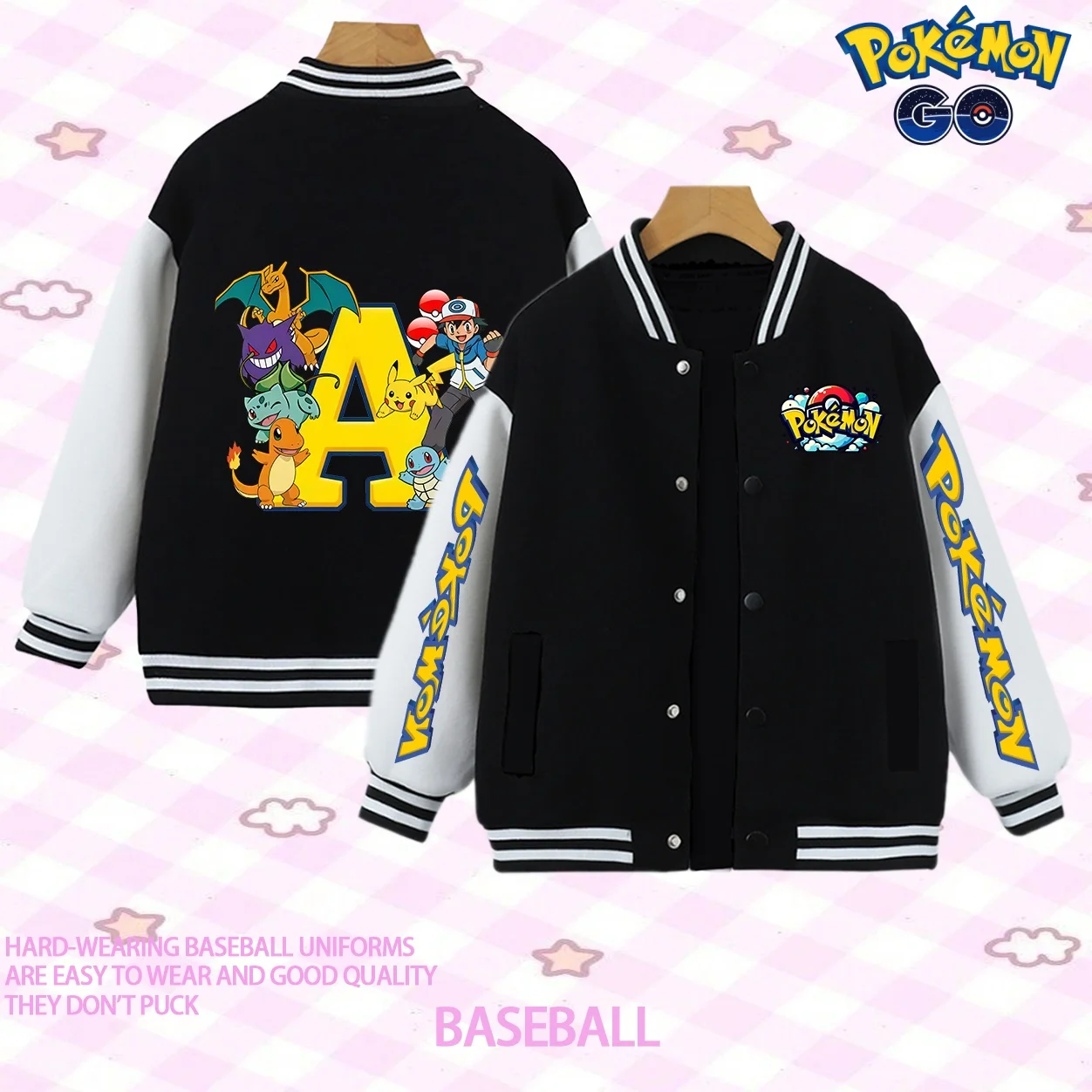 

Pokemon Letter A-Z Anime Baseball Uniform Children Cartoon Printed Pikachu Boys Girls Spring Fashion Jacket Coats Kid Clothes