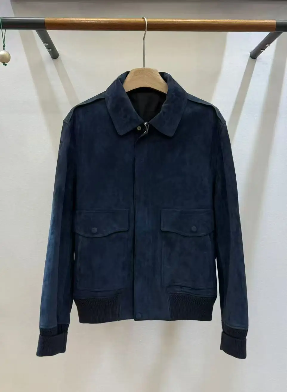 Men Suede Leather Lapel Zip Casual Bomber Coat