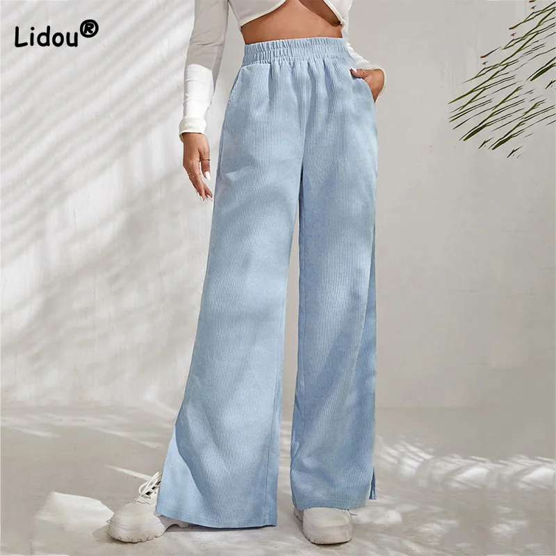 

Autumn and Winter Solid Color Elastic High Waist Casual Pants Commuting Pockets Corduroy Spliced Split Hem Trousers for Women