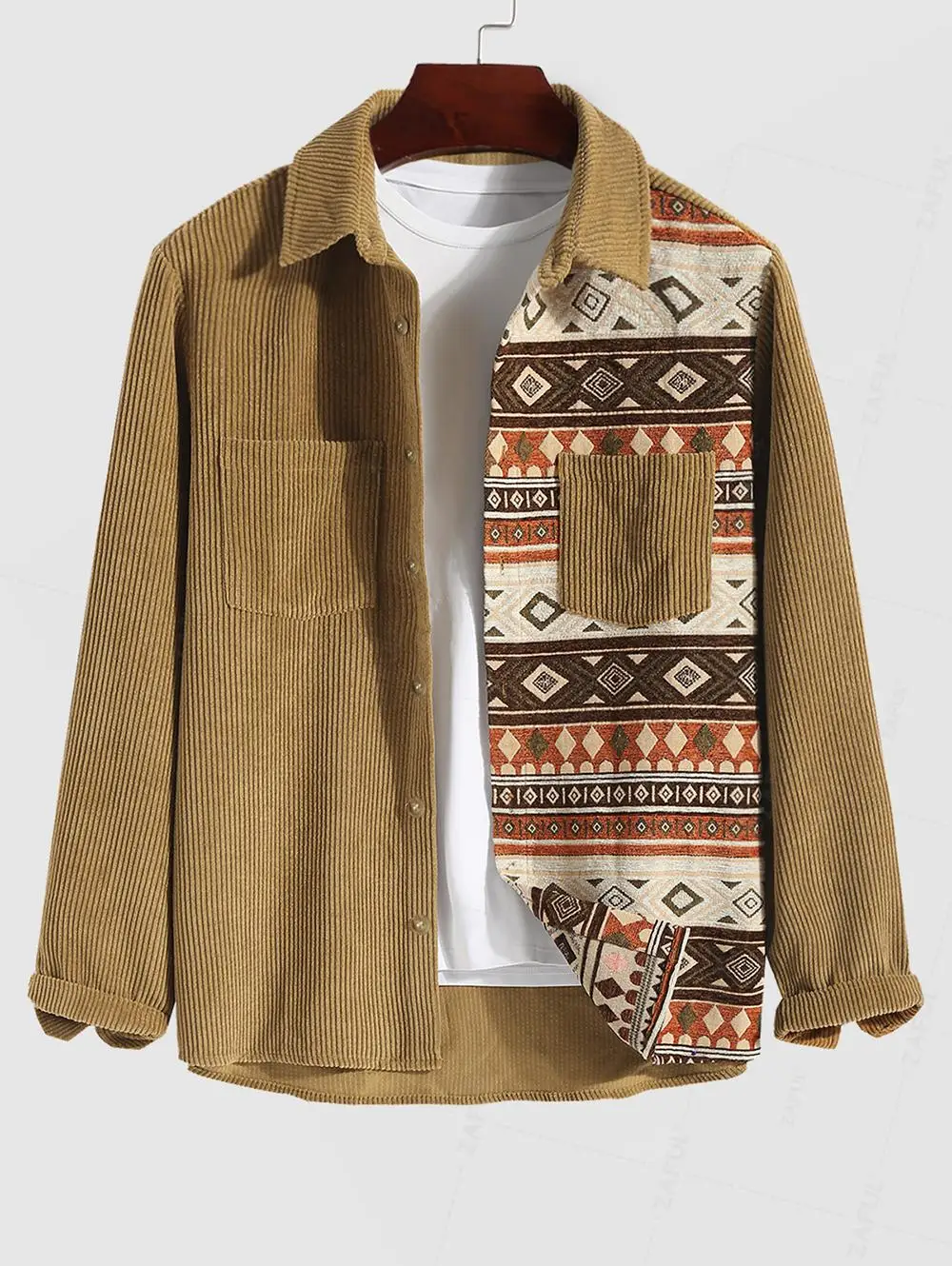 ZAFUL Men's Retro Ethnic Aztec Printed Front Pocket Design Corduroy Spliced Long Sleeves Shacket