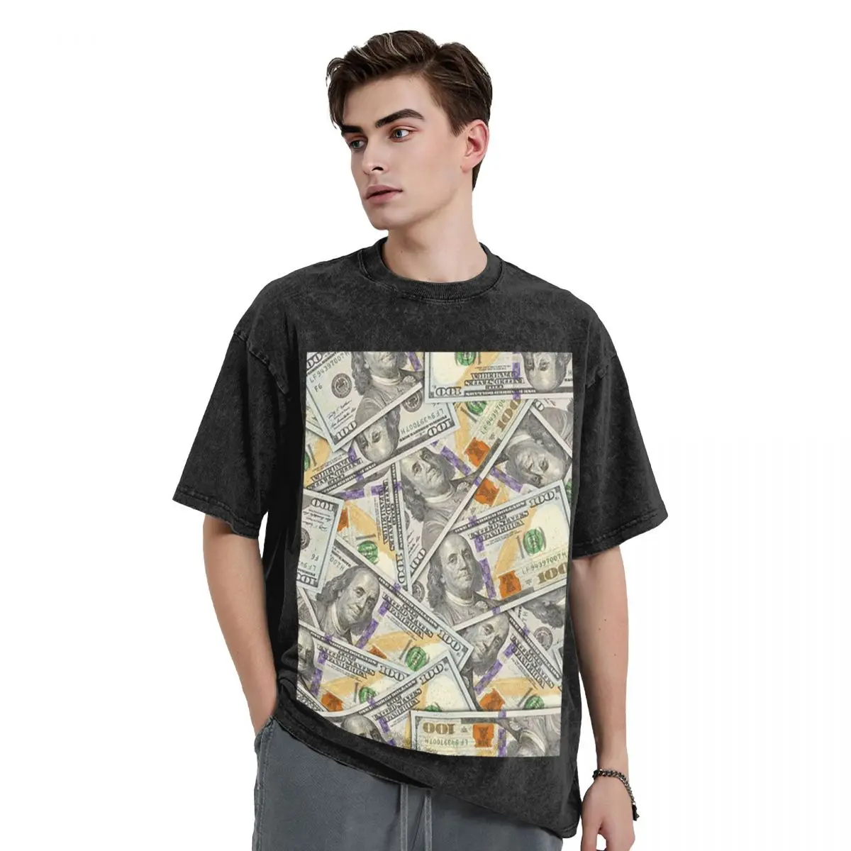 Giant Money Background 100 Dollar Bills Washed T Shirts Harajuku Short Sleeve Hip Hop T-Shirt Streetwear Tops Tees for Men Women