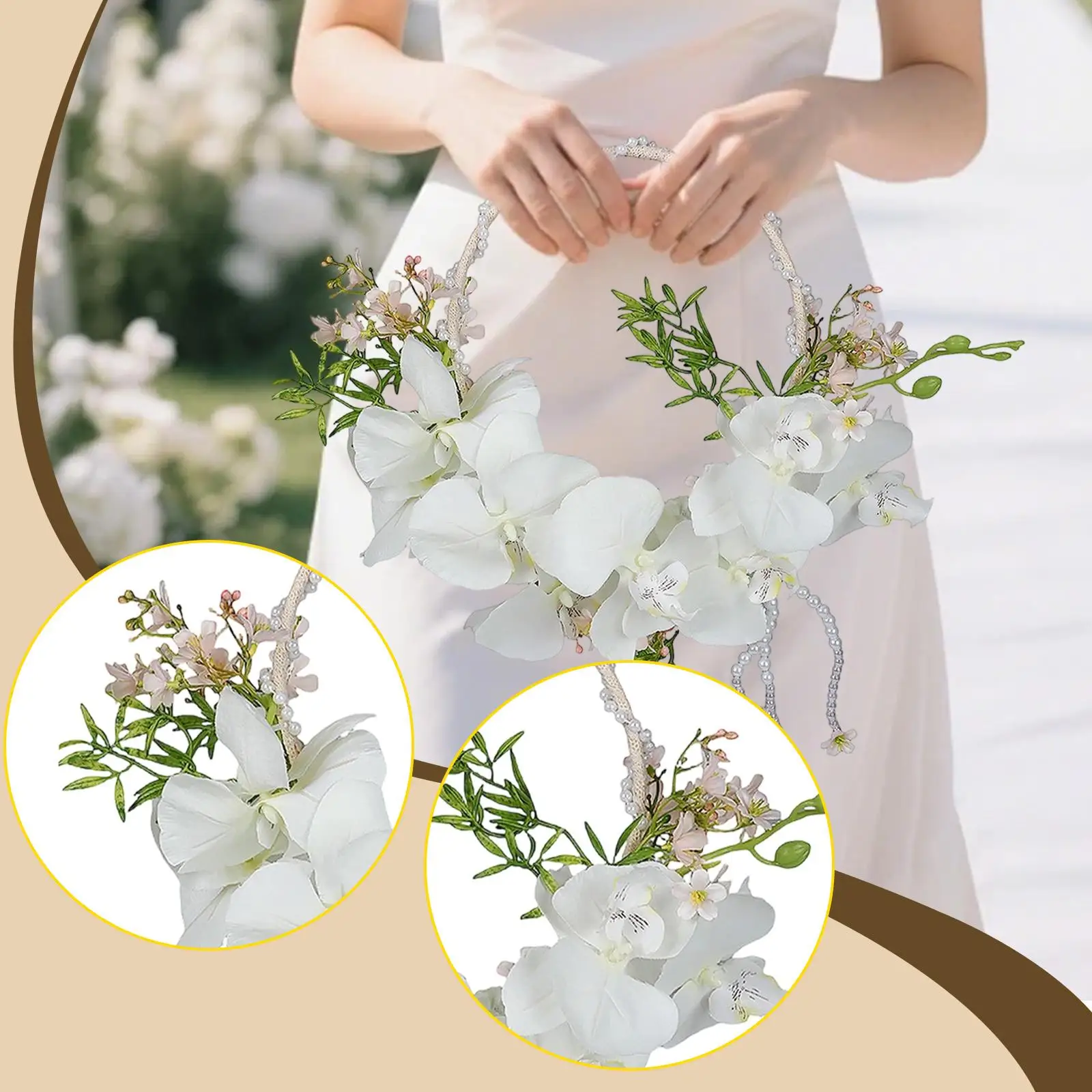 Romantic Silk Flower Wreath for Bride Hand Held Beaded Garland Decoration for Wedding Photography Party Prop