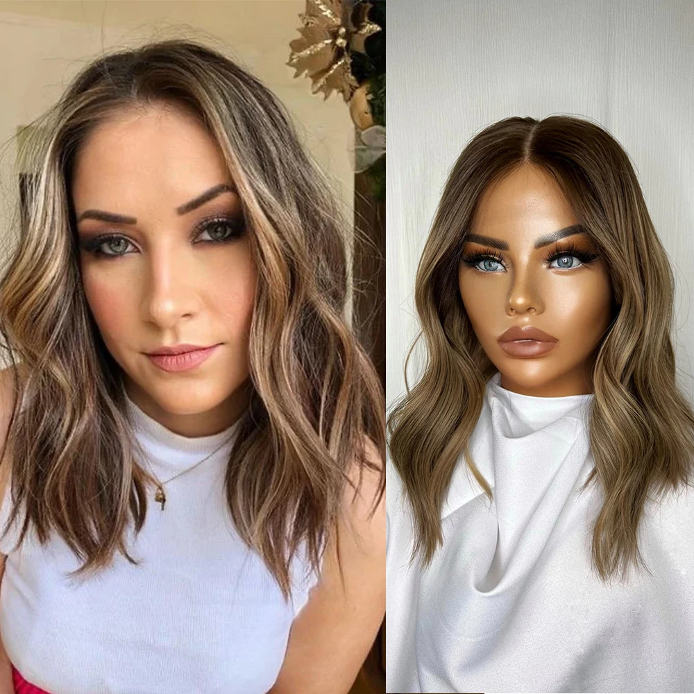 Brown Highlight Short Wavy Wig for Women Bob Style Brunette Synthetic Heat Resistant Natural Appearance for Everyday 14 Inch