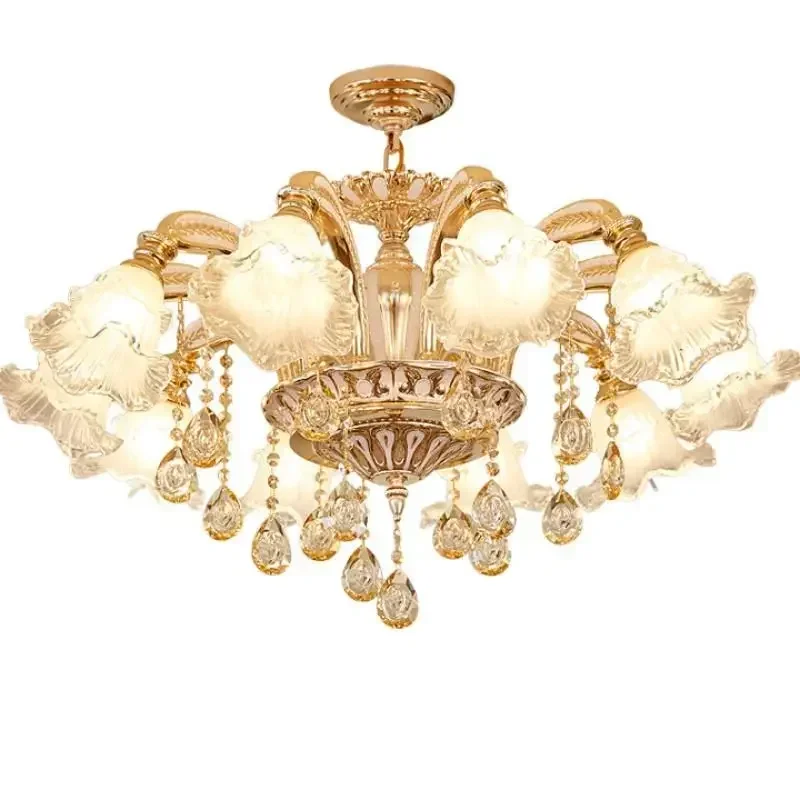 Simple Copper and Crystal Fabric Chandelier E27 Socket Hanging Light Classic Decoration for Living Room Bedroom and Study