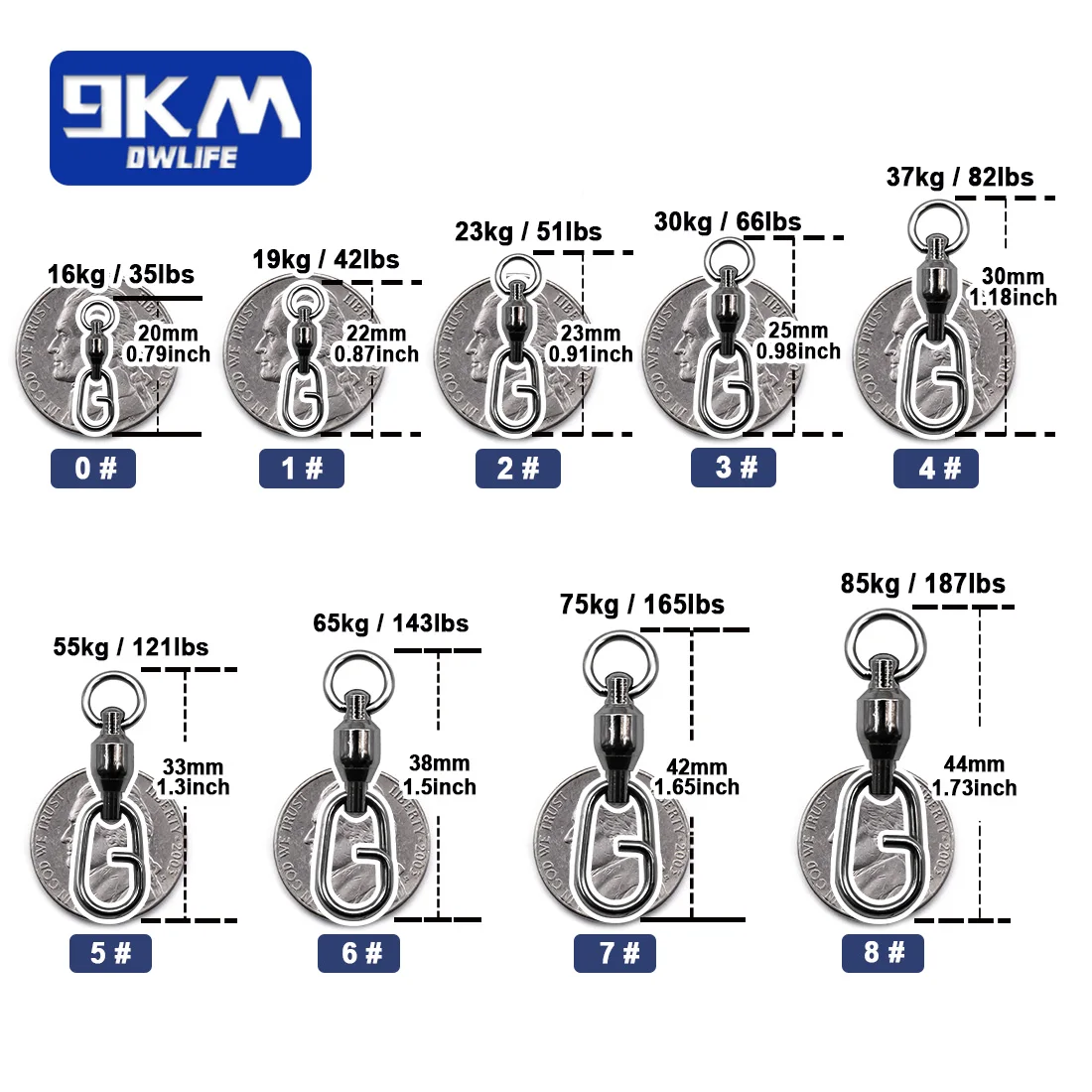 9KM-Fishing gira com Split Ring, Ball Bearing giratória, Carp Fishing Lure conectores, Power Clip, água salgada, 25-100Pcs