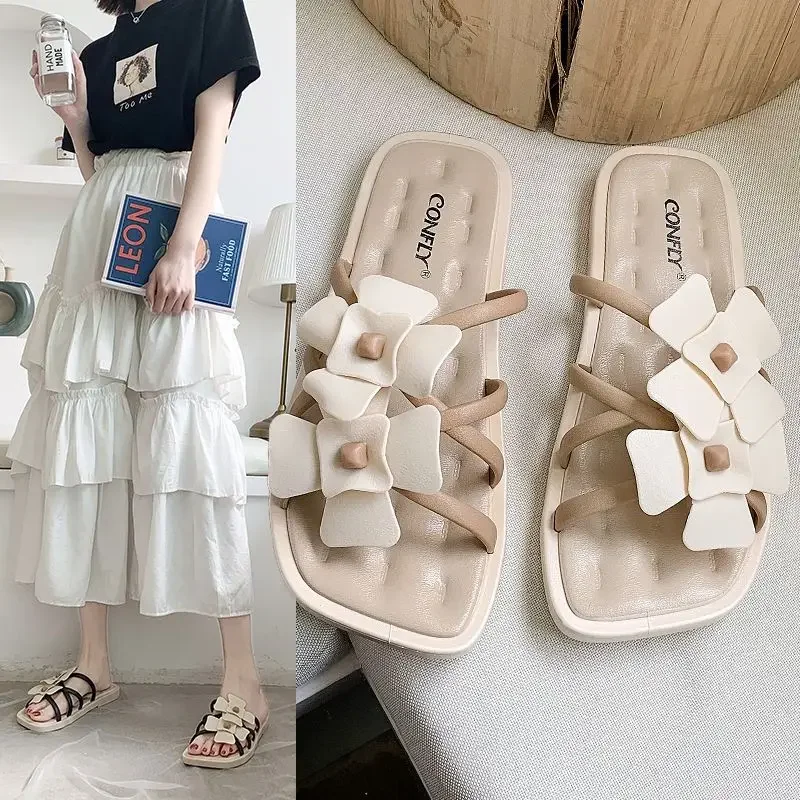 Open Toe Sandals Flat Shoes for Women Outside Pink Slides Flower on Beach Indoor Woman Slippers Clappers Comfortable and Elegan