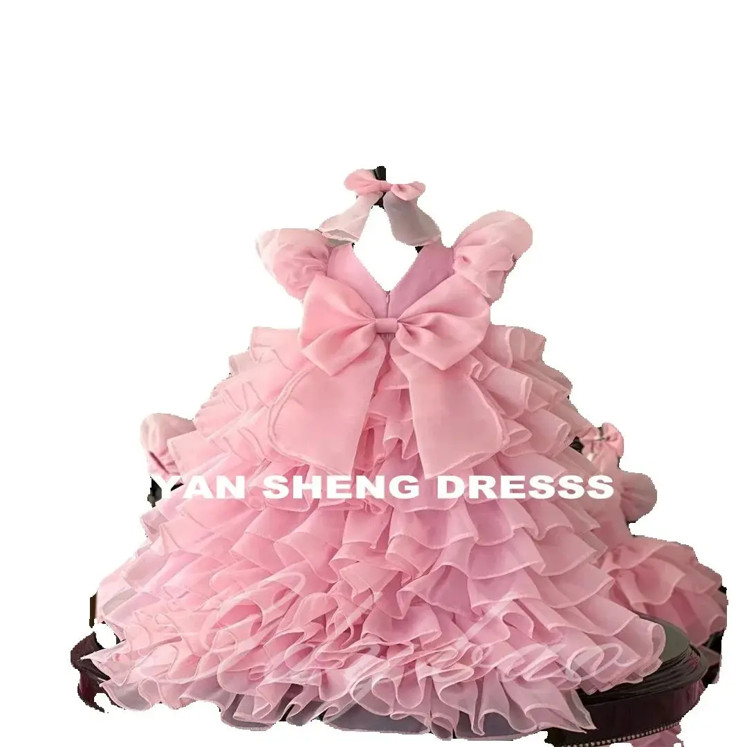 Customized Flower Girl Dress For Wedding Puffy With Tail Bow Short Sleeves Kids Baby Birthday First Communion Gown