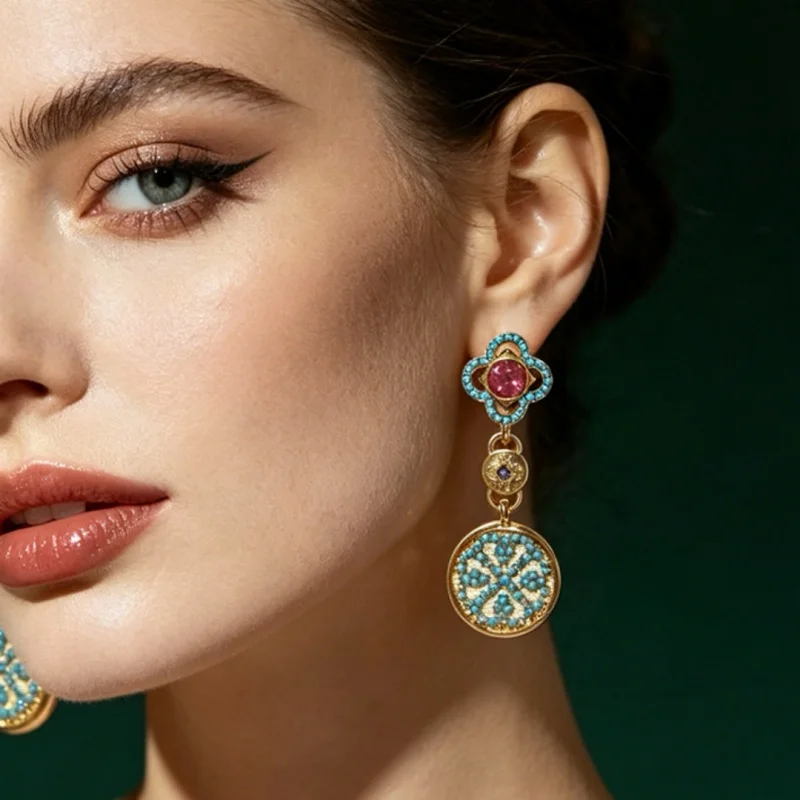Women Vintage Multi-Gemstone Drop Earrings Gold Tone Floral Frame With Turquoise & Pink Stone Inlay Trendy Formal Ear Accessorie