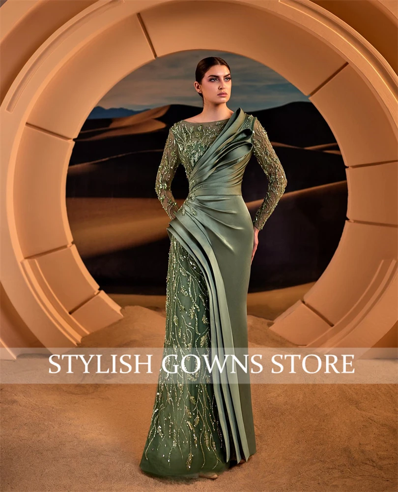 Luxury Green Beaded Pleats Evening Dresses 2025 Vestido Prom Dresses Saudi Arabi  Weeding Dress Women  فساتين سهرة Customized image 2