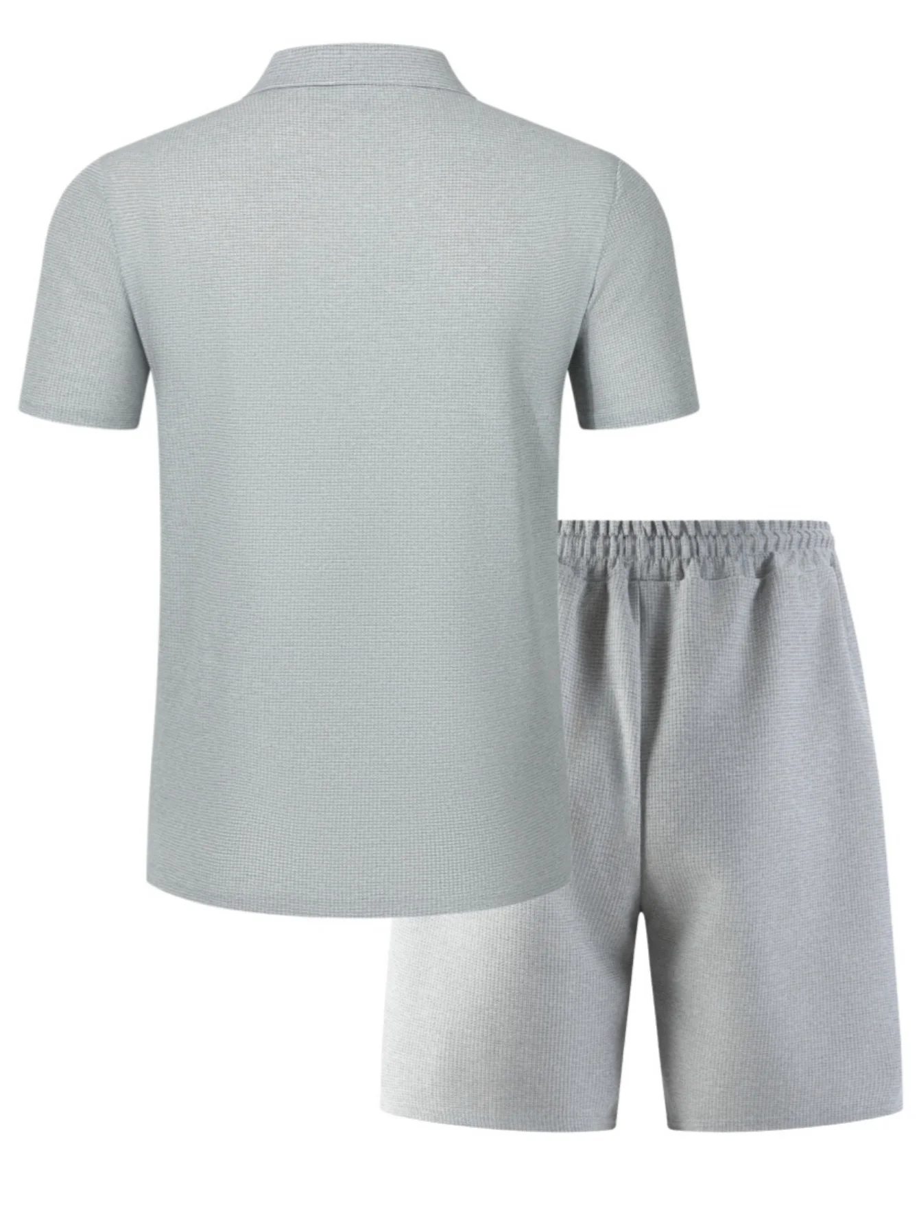 Men'sWaffle Knit 2 Piece Outfit Deep V Lapel Short Sleeve Polo Shirt & Drawstring Casual Shorts Summer Matching Tracksuit ForMen