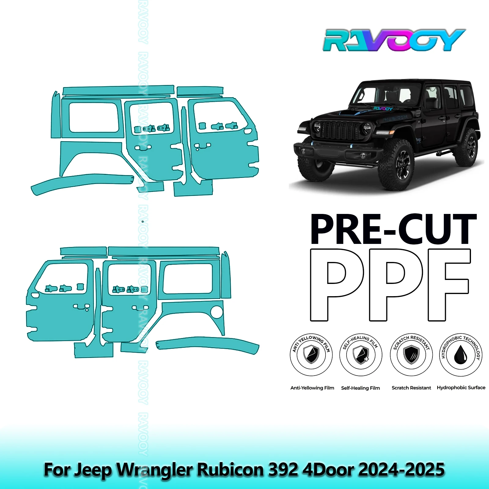 

For Jeep Wrangler Rubicon 392 4Door 2024-2025 8.5mil Clear Matte Pre-Cut PPF Door & A/B Pillar Kit TPU Paint Protection Film Set