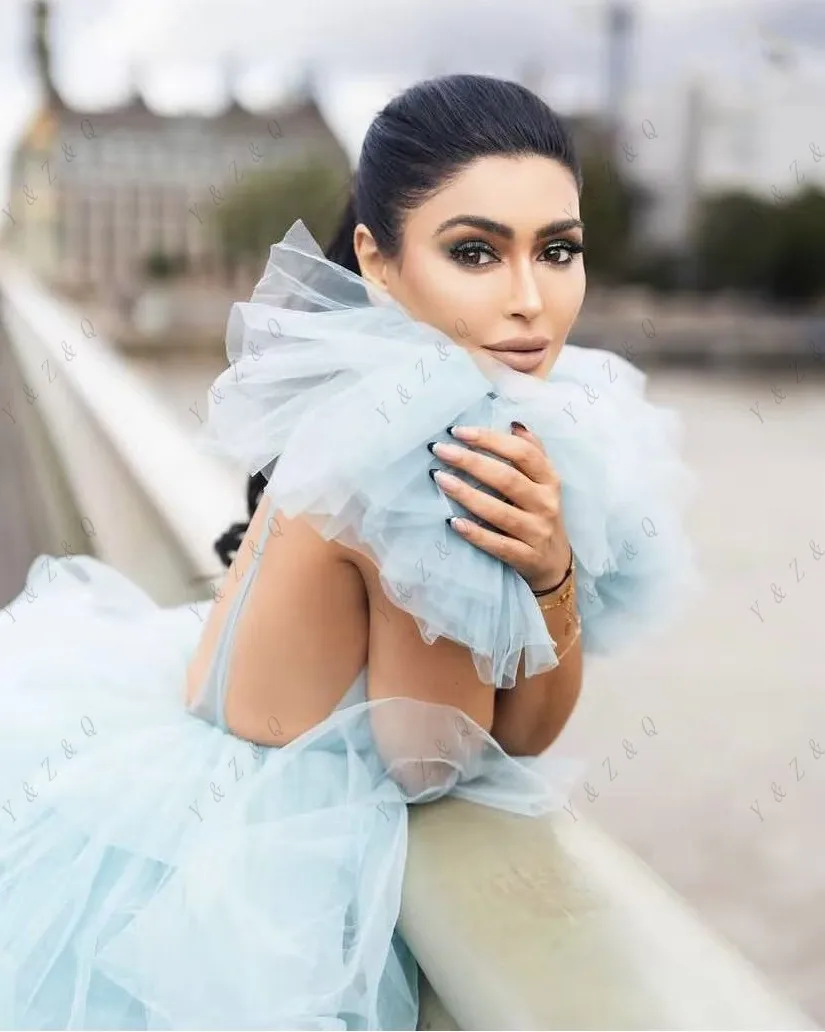 Dreamlike céu azul longo tule vestidos femininos para sessões de fotos em camadas extra exuberante vestido de noiva em camadas sem costas maxi vestido