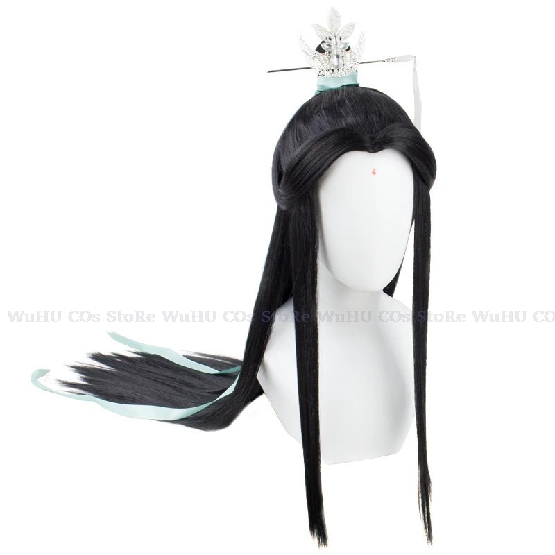 Anime TianGuanCiFu Shi Qingxuan Cosplay Shi Qingxuan Wig Black Long Straight Ancientry Wig Hair Crown Folding Fan Halloween Prop