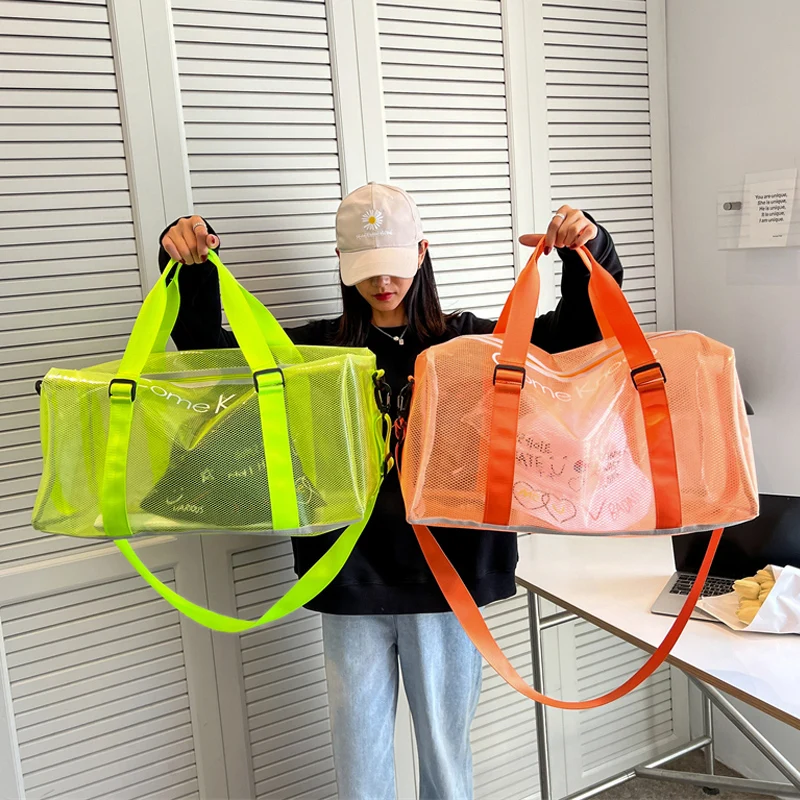 large-capacity-sports-fitness-bag-women's-travel-bag-handheld-shoulder-bag-transparent-jelly-bag-swimming-bag-casual-candy-color