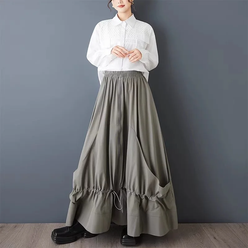 일본 스타일 패션 스커트 |   여성용 루즈핏 불규칙 패치워크 드로스트링 지퍼 스커트, 신축성 있는 허리 |   대형 사이즈 스커트 w1877