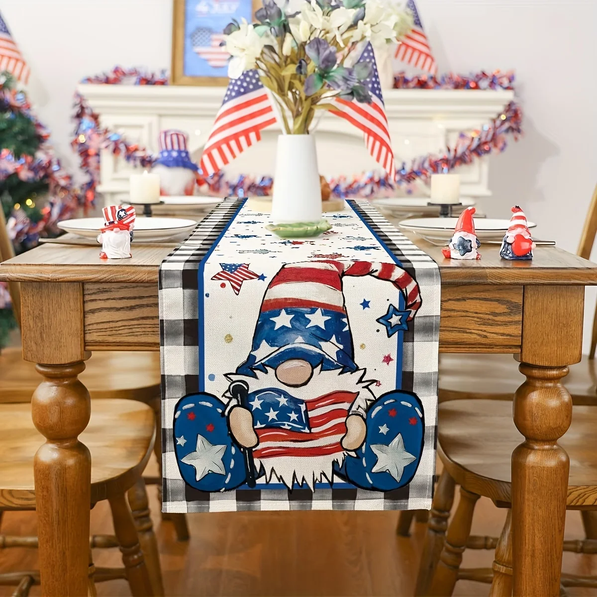 Table Runner Placemats, Passover Pessah Patriotic Decor, Gnome 4th of July Memorial Day Independence Day Table Decor for Indoor