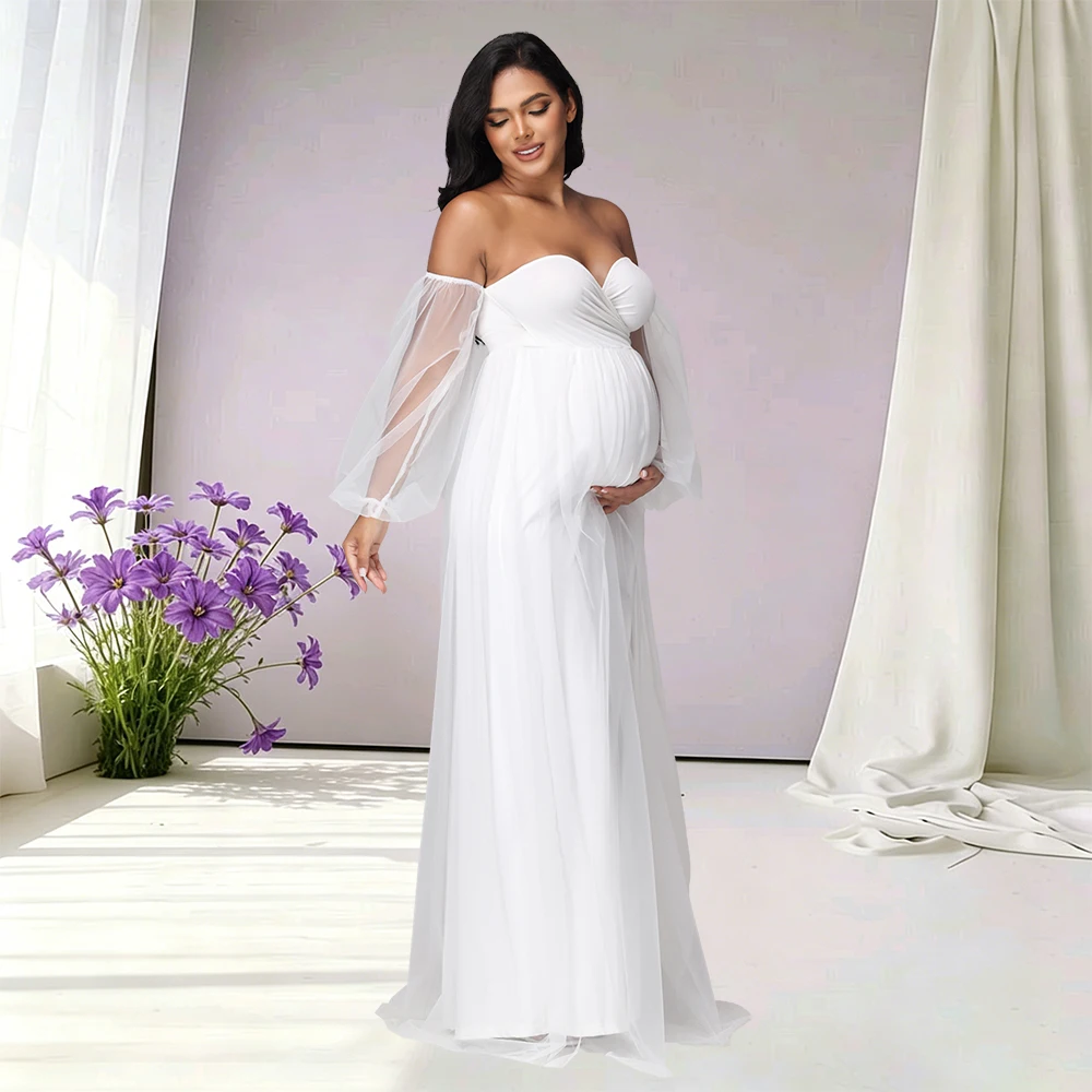 Maternity Sweetheart Neck Puff Sleeves Mesh Dress Side Split Party Gown for Photoshoot