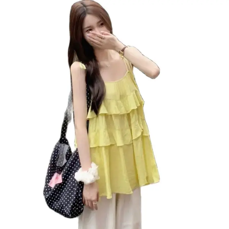 Camisole Lace Up Multi-Layer Ruffled Blue Fresh 2024 Summer New Style Women'S Korean Style Loose With Design Top