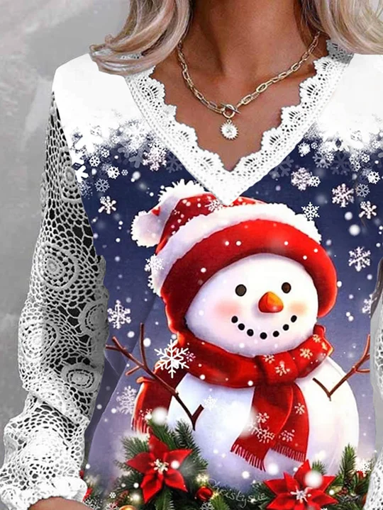 Plus Size Frauen Langarm V-Ausschnitt Schneemann gedruckt Grafik Spitze Weihnachten Tops