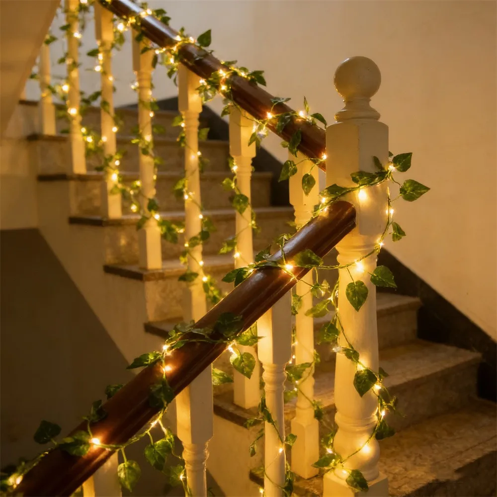 1pc LED Green Leaf Lamp String Yard Light Battery Operated Perfect for New Year Outdoor Party Wedding Room Christmas Decoration