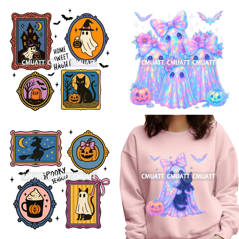 

Iridescent Ghost Girly Bows Boo Stamp Halloween Vibes Coquette Iron on DTF Washable Transfers Sticker Ready to Press for Hoodies