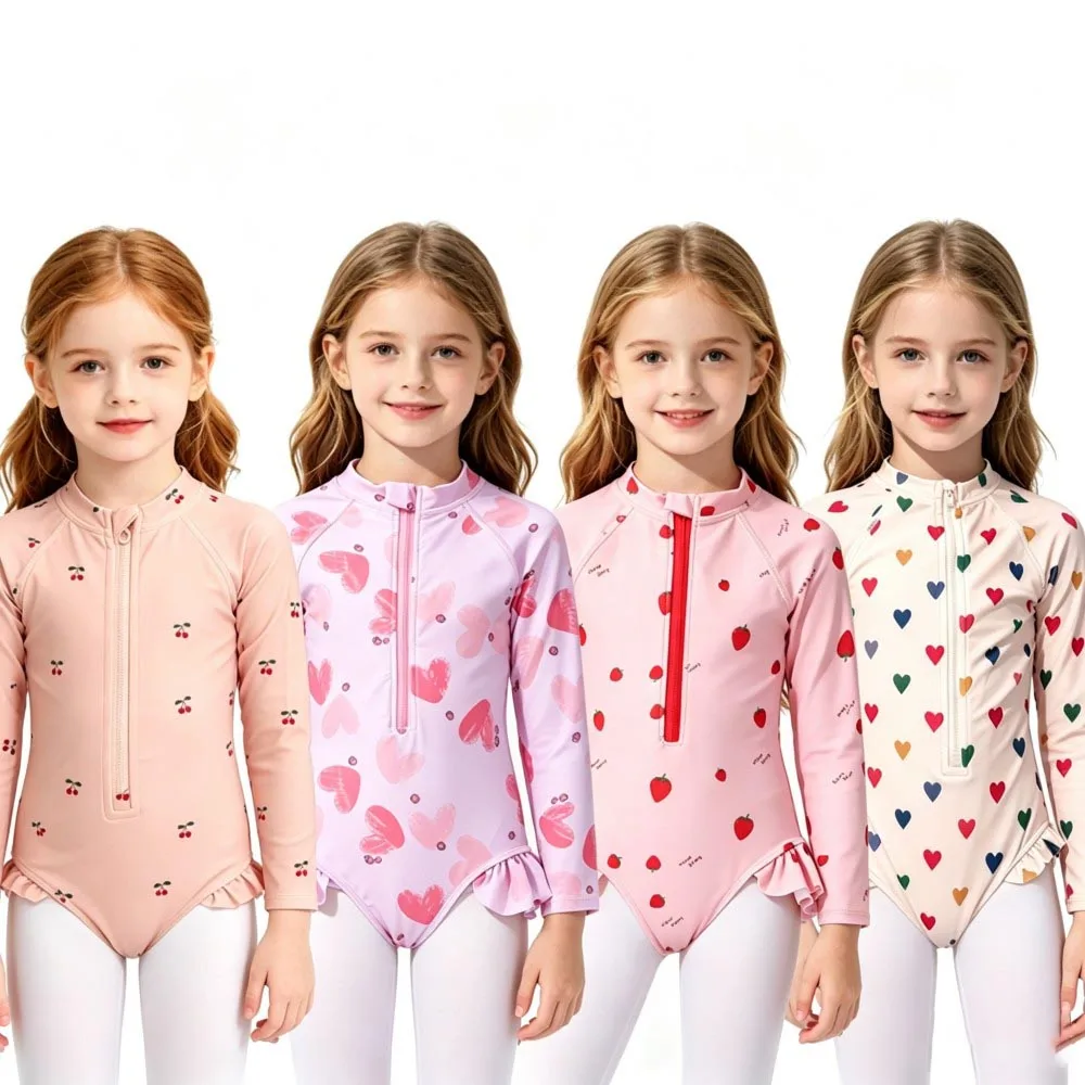 Kids Girls Long Sleeve Zipper Rash Guard One Piece Bathing Suit Sweet Strawberry Heart Cherry Moon Print Ruffle Surf Swimwear