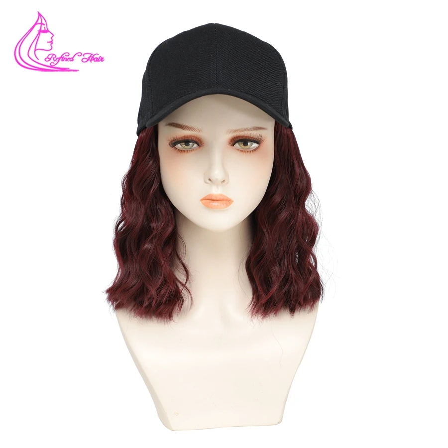 Cap with Hair Attached For Women Wig Hat with Hair Short Bob style Synthetic Wavy Curly Adjustable Baseball Cap Wig Red Pink