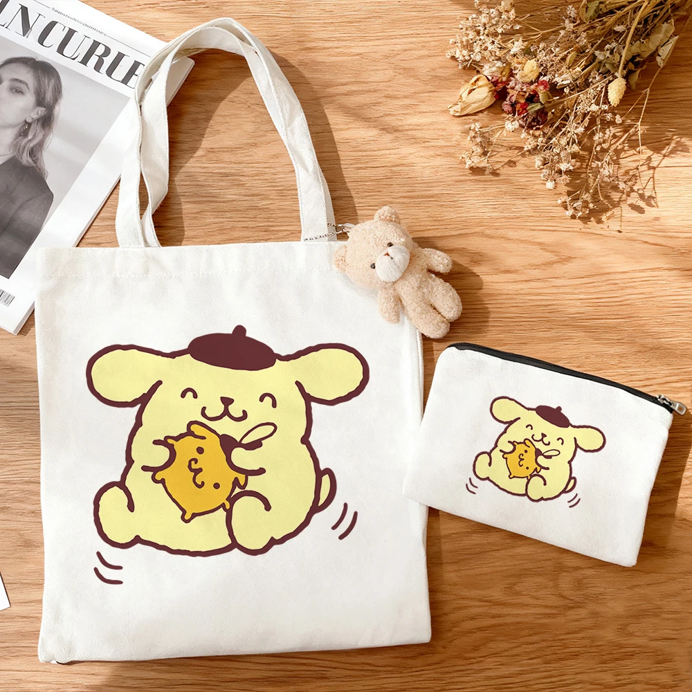 3pcs/set Large Capacity Pom Pom Purin Multi Character Canvas Tote Bag Cute Cartoon Print Anime Eco Cotton Reusable Shopping Bag view 4