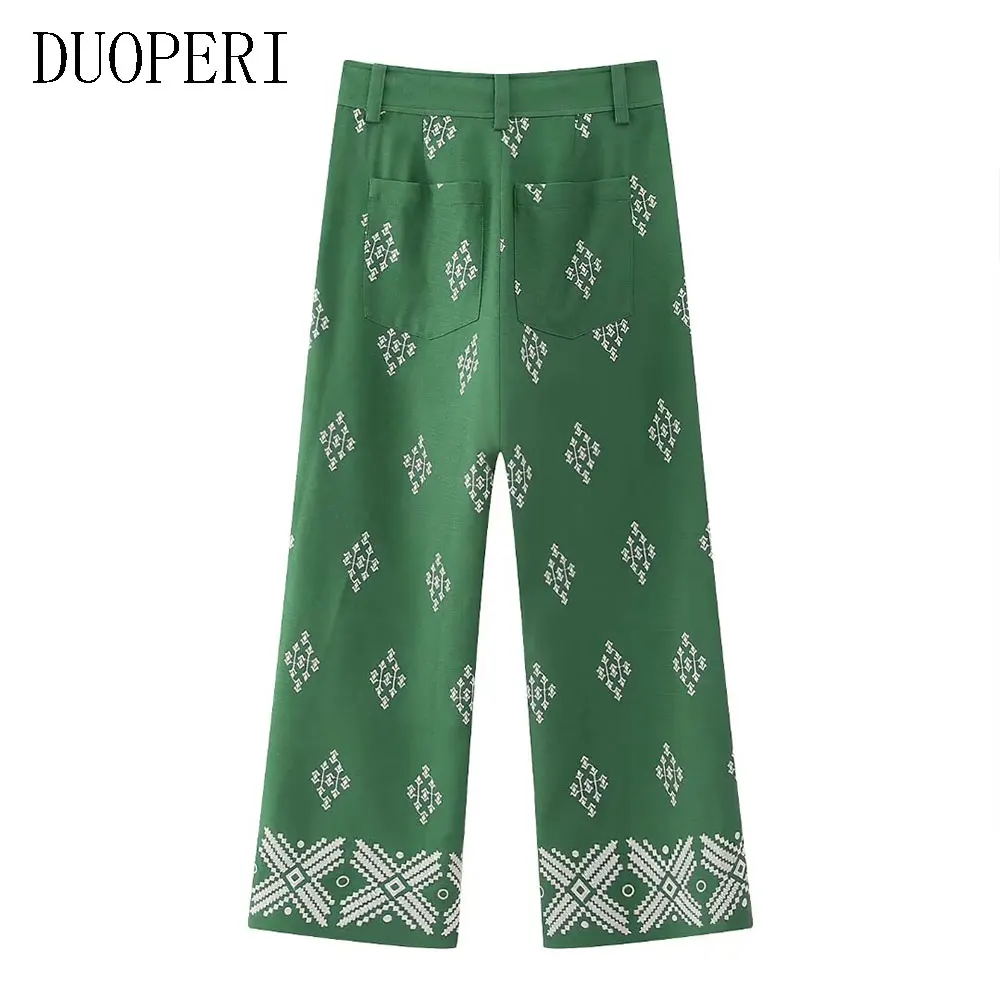 DUOPERI Women Fashion Linen Embroidery Straight Pant High Waist Full Length Female Chic Lady Casual Vintage Long Flax Trousers