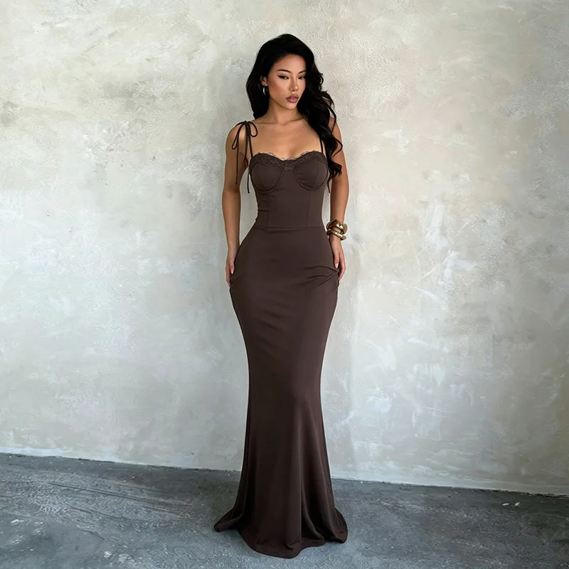 

JY26095 New 2026 Fashion Off-Shoulder Slit Sexy Lace Solid Color Dress