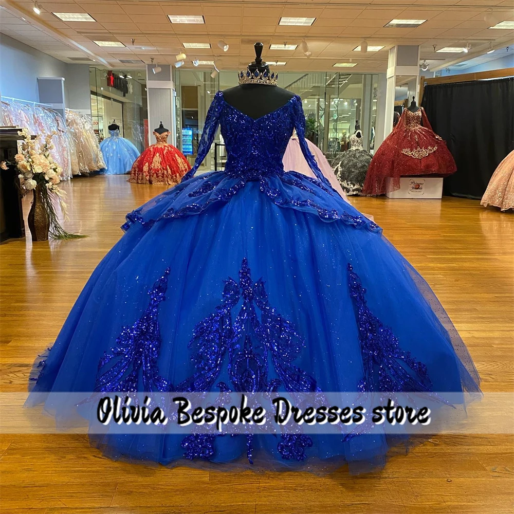 Glanzend Koningsblauw Lange Mouwen Quinceanera Jurk Kralen Appliques Ruche Baljurk Voor Verjaardag Vestidos De 15 Quinceañera Azul Rey