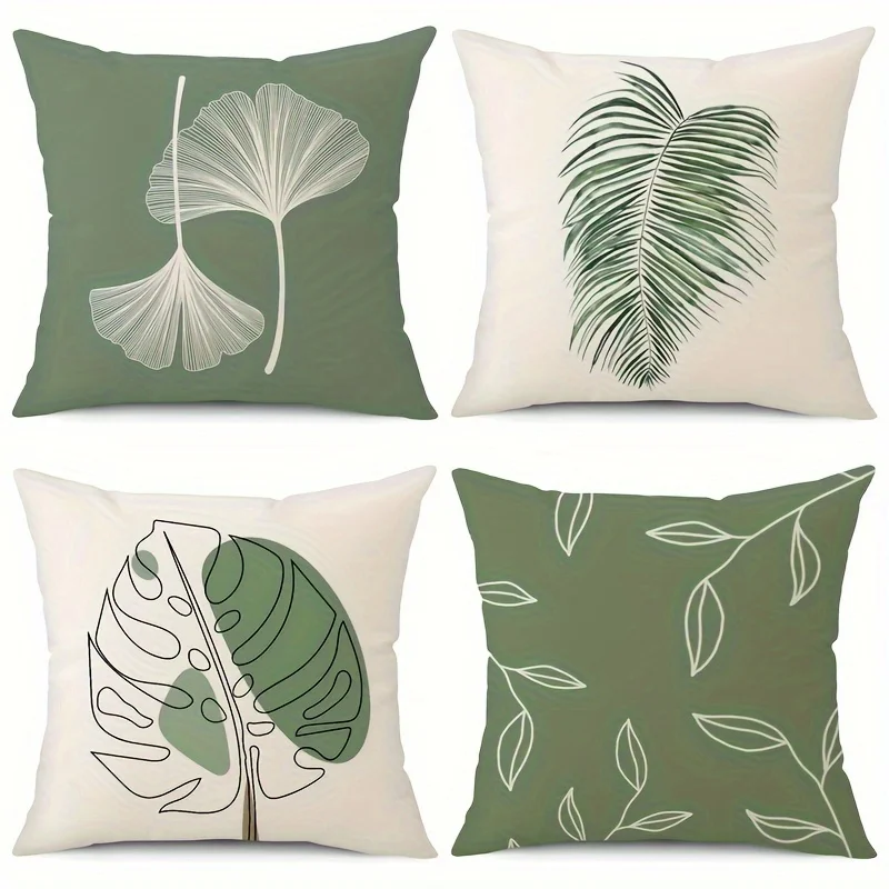 Summer Green Oasis - Quatre Stylish Geometric Floral Pillow Covers - Durable Linen Outdoor Cushions - 18x18inch (No Insert)