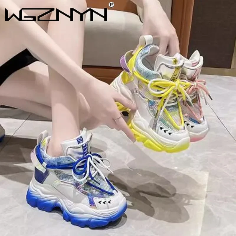 9.5CM Women Chunky Sneakers Hidden Heels Ladies Wedge Casual Shoes High Platform Autumn Breathable Mesh Shoes Women Dad Sneakers