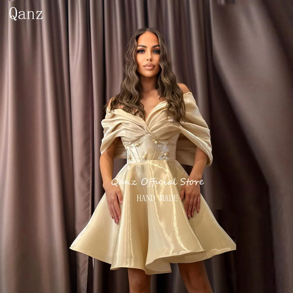 Vestido de fiesta Qanz Champagne con hombros descubiertos, minivestido de satén brillante, vestido de lujo para cumpleaños, personalizado para mujer