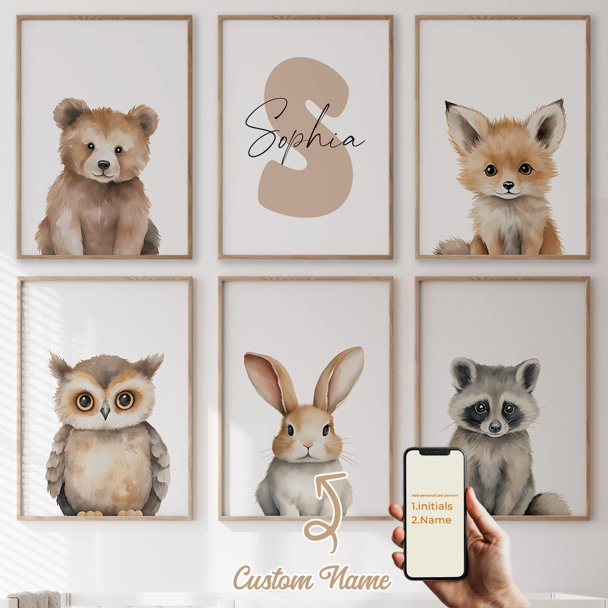 

3Pcs/6pcs Personalized Custom Name Cute Cartoon Animal Bear Wall Art Print Picture For Living Room Kids Boy Room Home Decor Gift