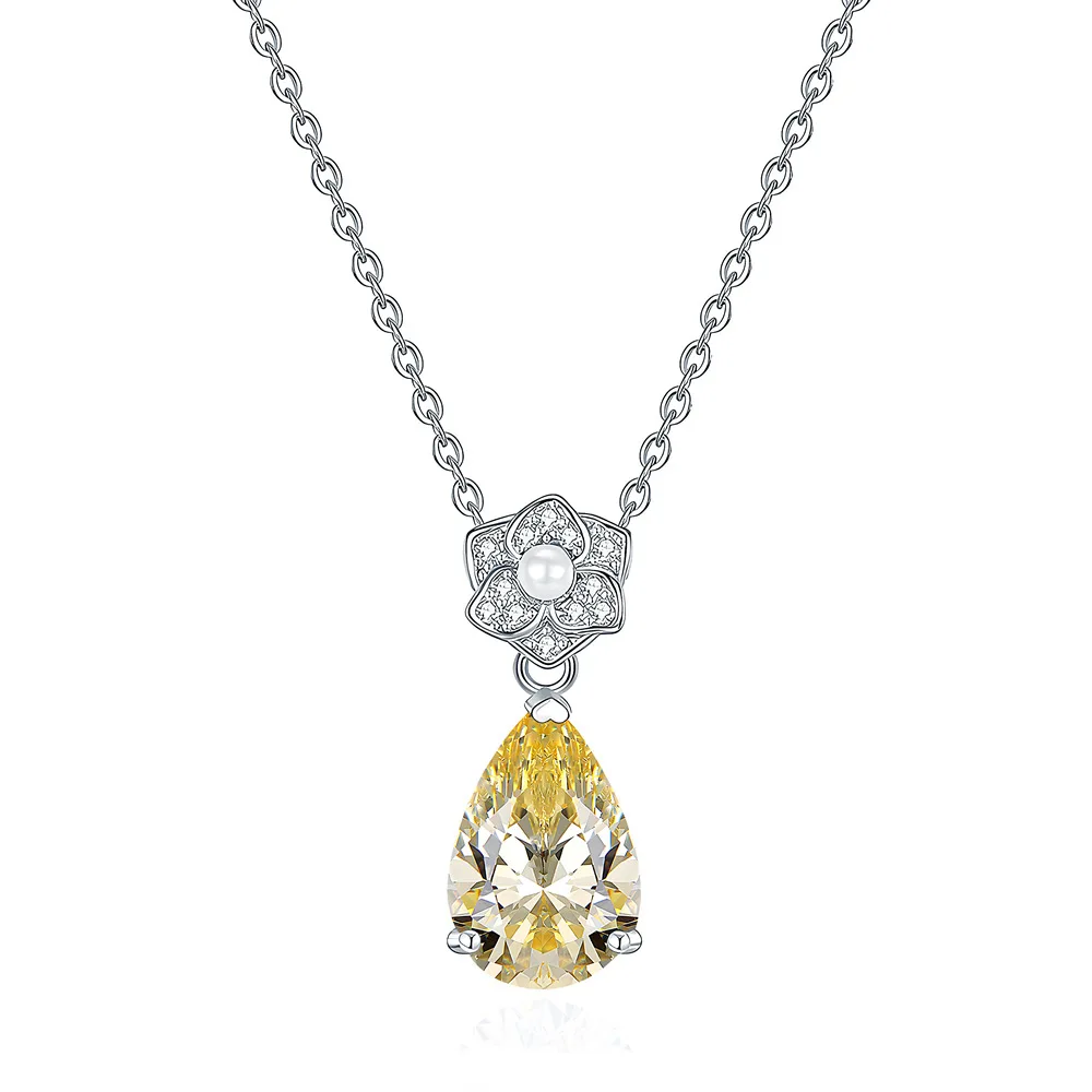 

2026 new pear-shaped light yellow diamond camellia pendant female S925 sterling silver light luxury design collarbone chain
