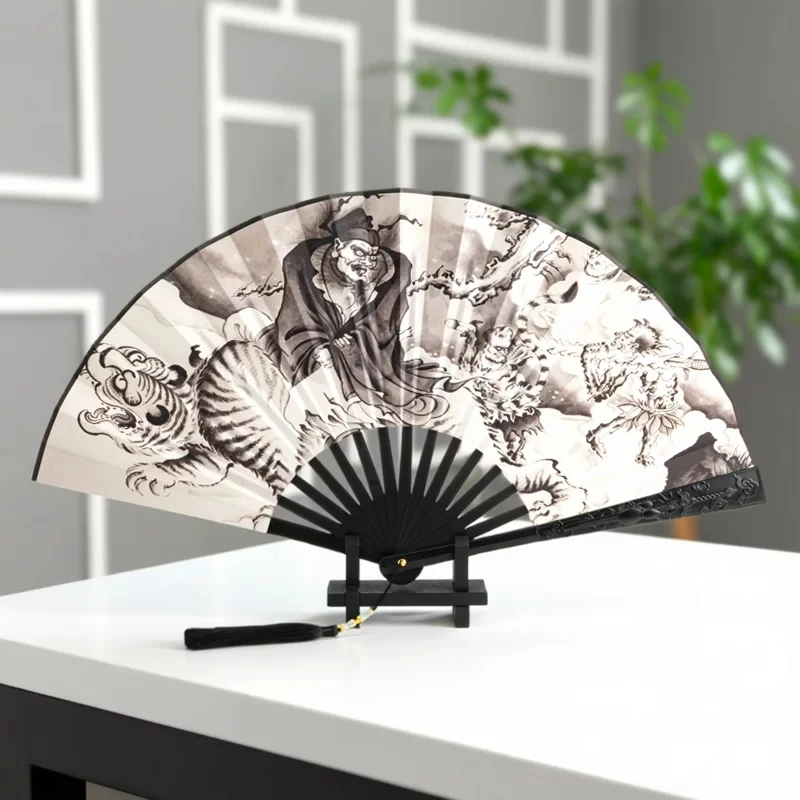 Zhong Kui Demon Queller Folding Fan Black Carved Alloy Ribs Ink Wash Fabric Illustration with Tassel Traditional Chinese Style