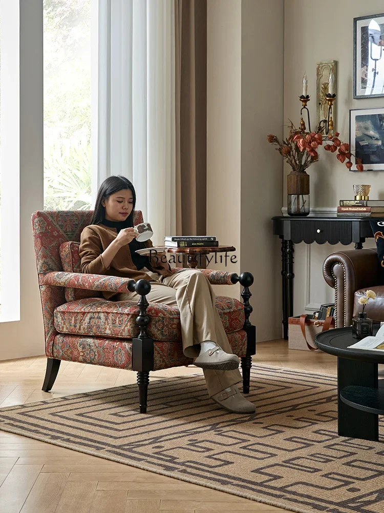 

02American fabric retro solid wood single living room lazy single casual sofa chair