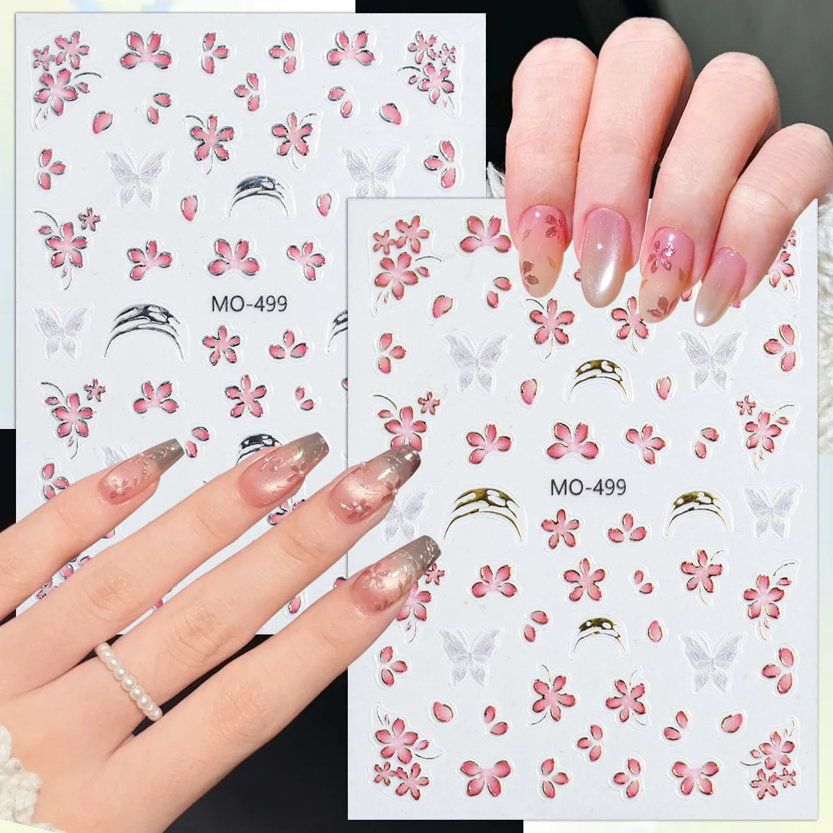2/4 Blatt 5D-Blumen-Schmetterlings-Nagelaufkleber, rosa Blumen-geprägte Abziehbilder mit vergoldetem Mond-Design für DIY-Maniküre-Dekorationen