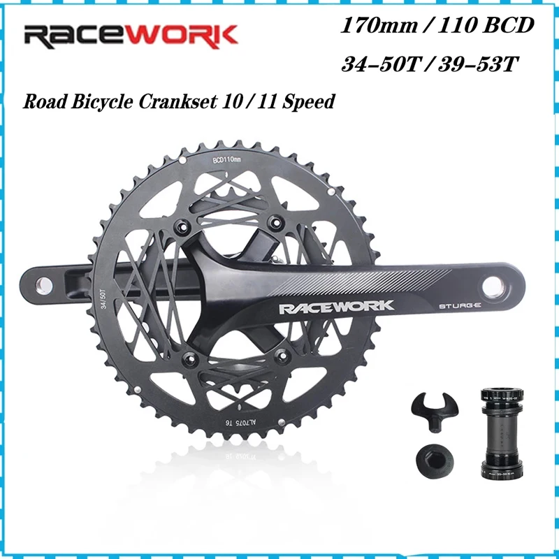 

RACEWORK Road Bike Chain Wheel 10/11/12 Speed 110BCD Hollow Double Sprocket 170mm 50-34T 53-39T Bicycle Crank Sprocket with BB