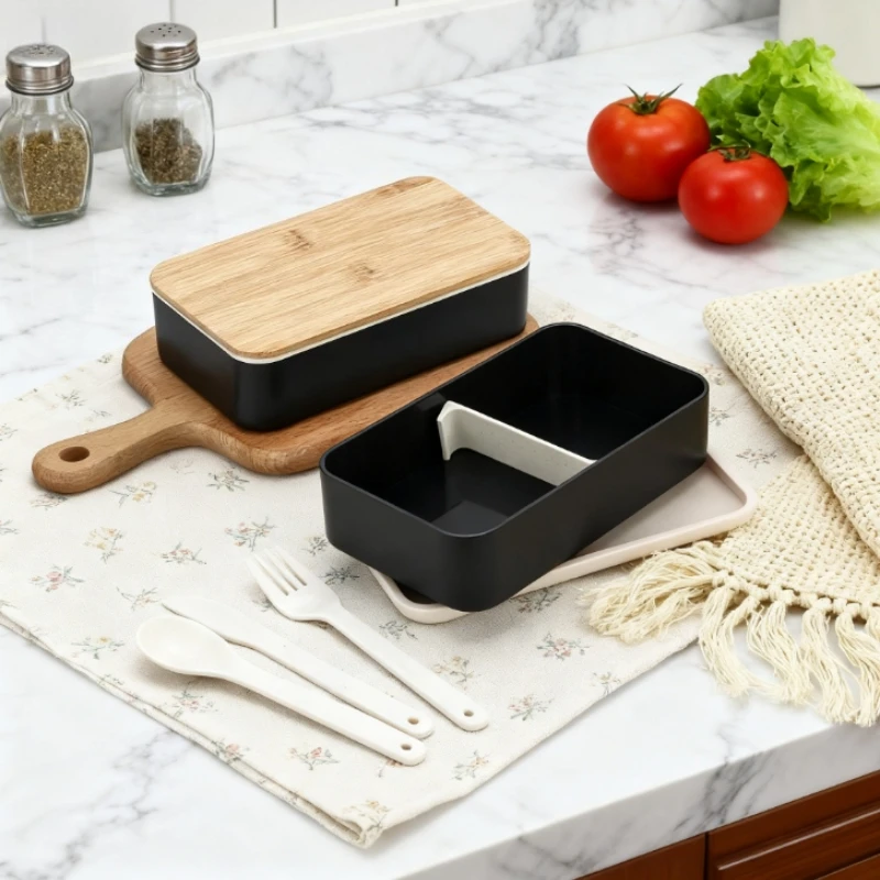 New Japanese Style Bento Box, Minimalist Double-layer Lunch Box with Knife, Fork, Spoon, Divided Student Lunch Box