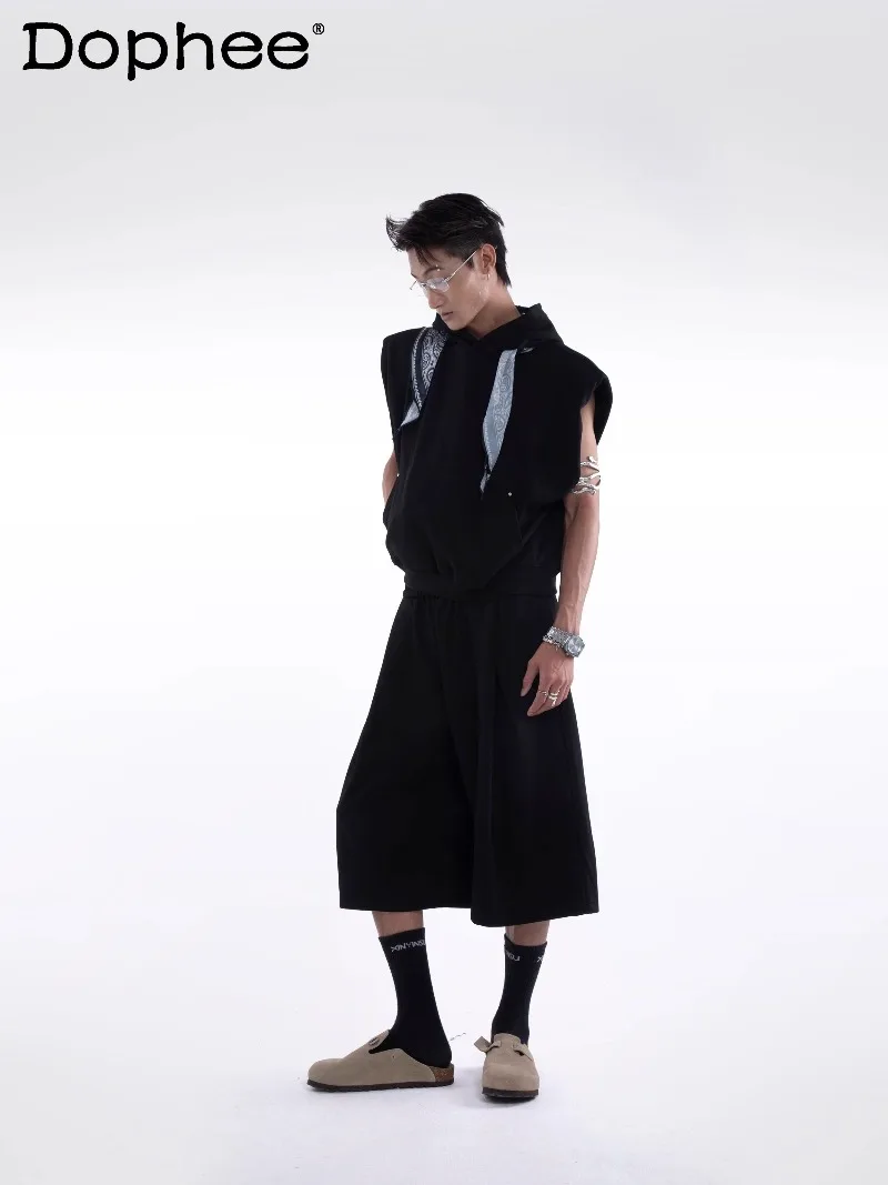 

Летний мужской спортивный комплект 2026 в американском ретро-стиле: универсальный серый худи и свободный повседневный жилет (комплект из двух предметов)