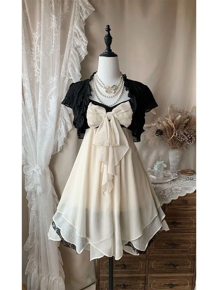 Japanese New Vintage Elegant 2 Piece Set Women Black Cardigan + Strap Dress Harajuku Fashion 2000s Aesthetic Retro Outfits 2026