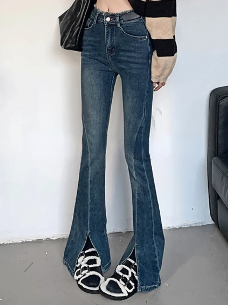 

Autumn Vintage Fashion Flare Pants Women Korean Designer Open Fork Denim Pants Female High Waist Elegant Casual Slim Pants 2023