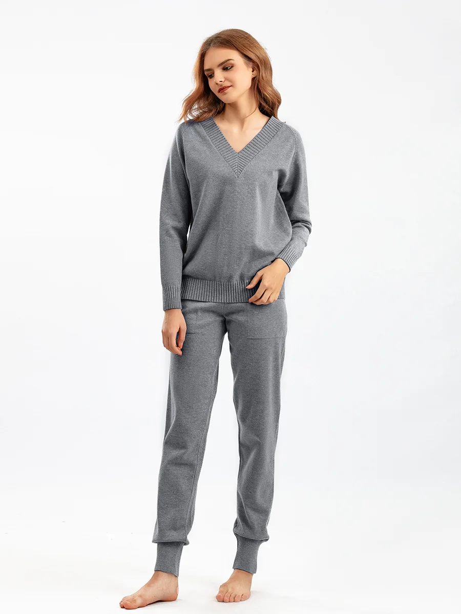 Loungewear Women Pjs 2 Piece Outfits Sweatsuit 2024 Fall Casual V Neck Sweatshirt with Wide Leg Sweatpants Tracksuit Lounge Set